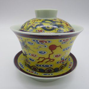 Chinese Tea‎ Bowl, Porcelain Made, Dragon Print w/ Multicolor Designs